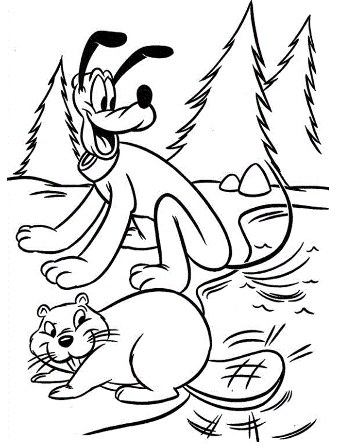 Pluto and beaver having fun coloring page