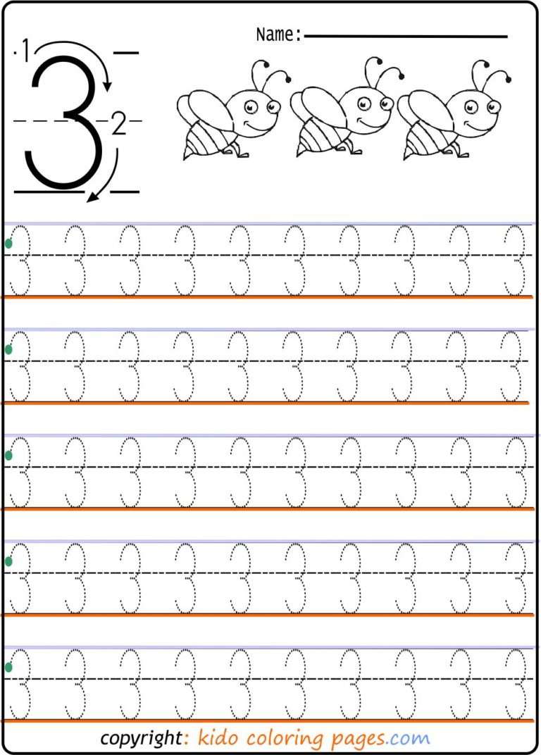 Number Tracing worksheets 3 for kindergarten - Kids Coloring Pages