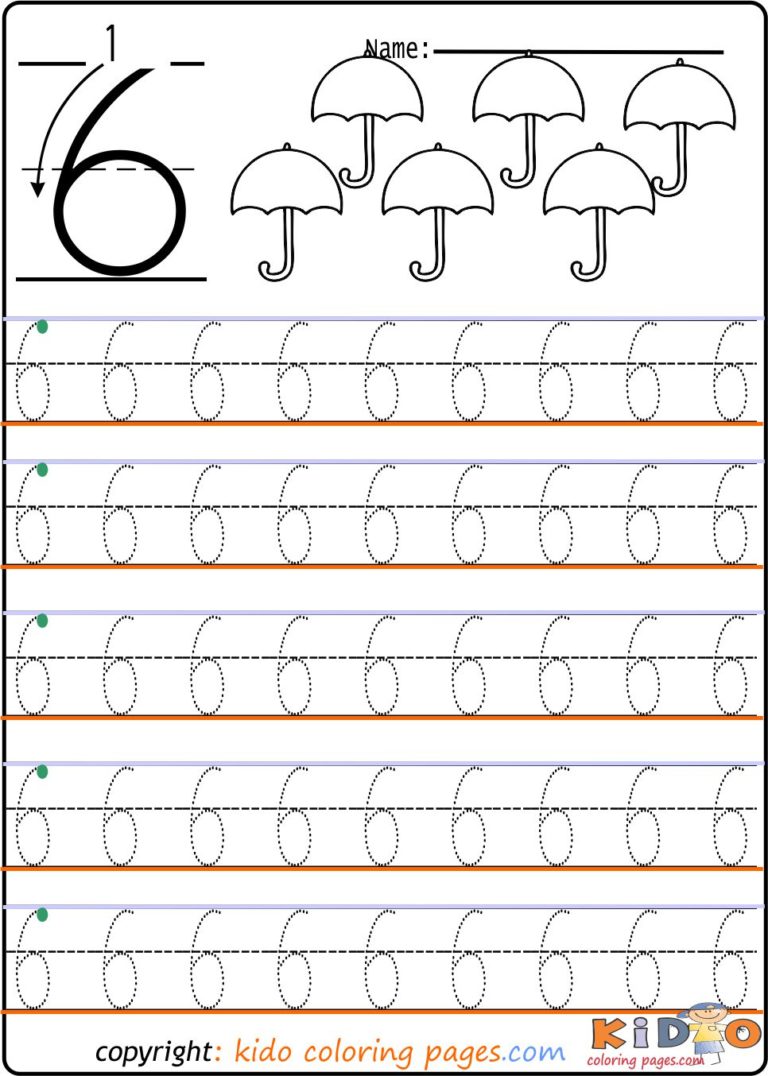 Number 6 tracing worksheets for kindergarten - Kids Coloring Pages